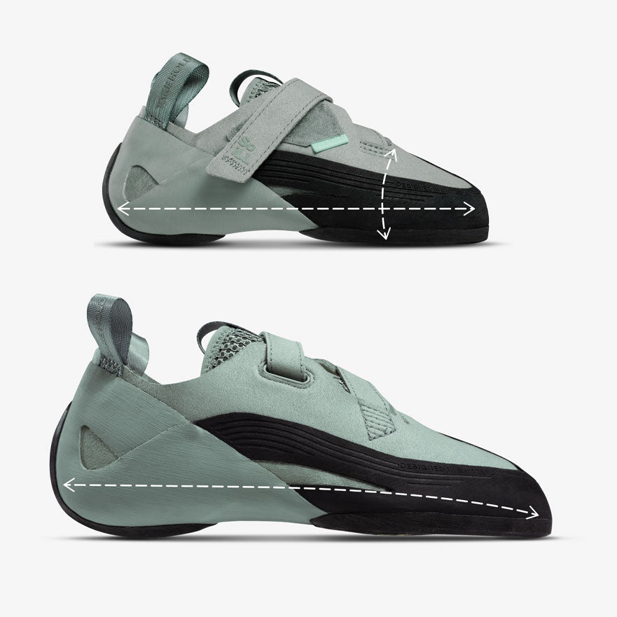 Two views of a climbing shoe on a light gray background, showing side profile with white dashed arrows indicating measurement points for length and width. The shoe has a pale sage green upper, black toe and heel sections, and a hook-and-loop strap closure.